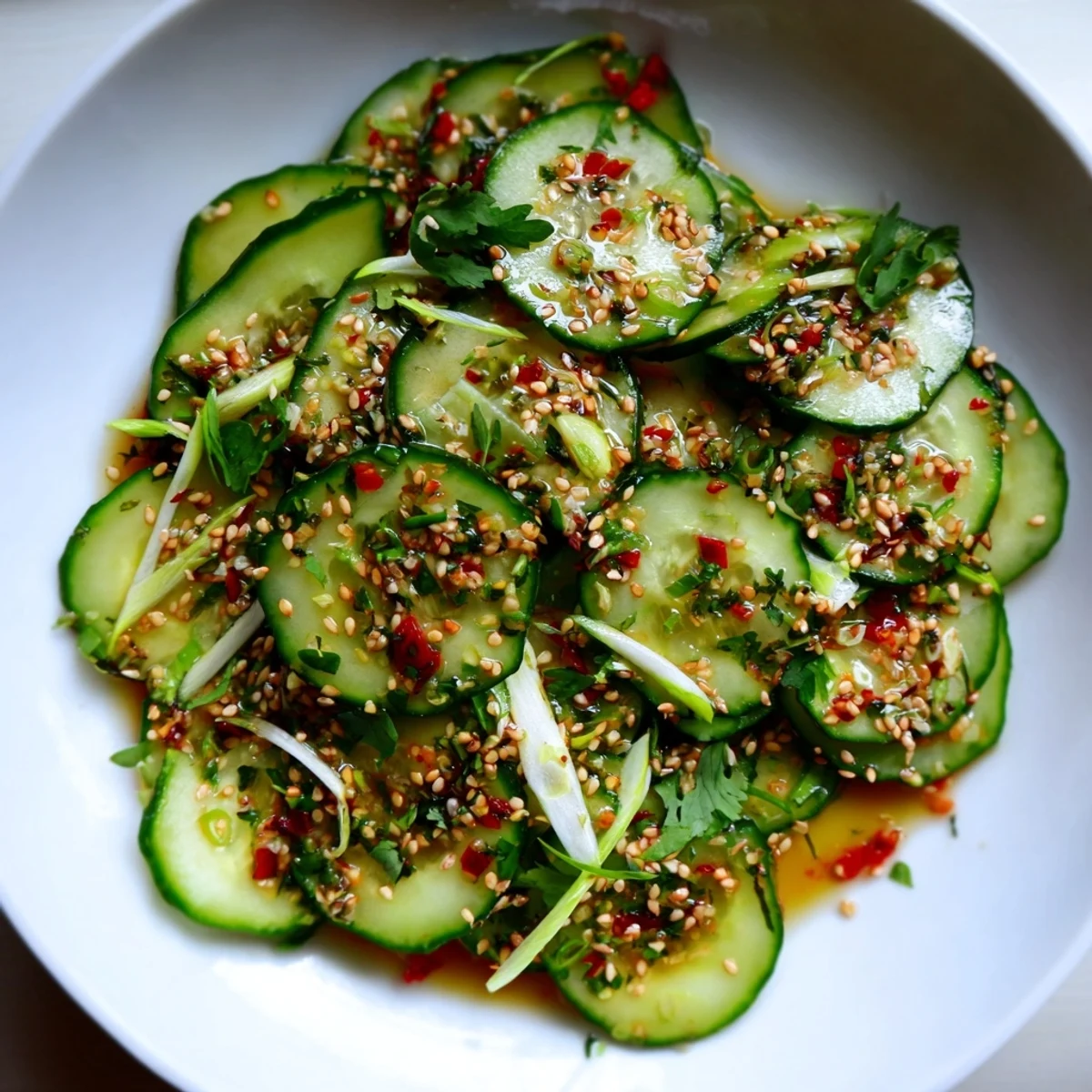 Crisp Tangy Shaken Asian-Style Cucumber Salad with vibrant green cucumbers, red chili, and sesame seeds.