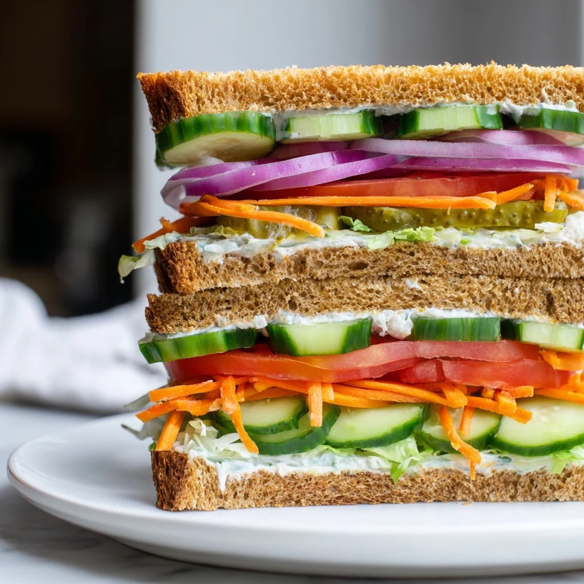 A visually appealing Crunchy Dill Pickle Sandwich, loaded with crisp veggies and creamy spread.