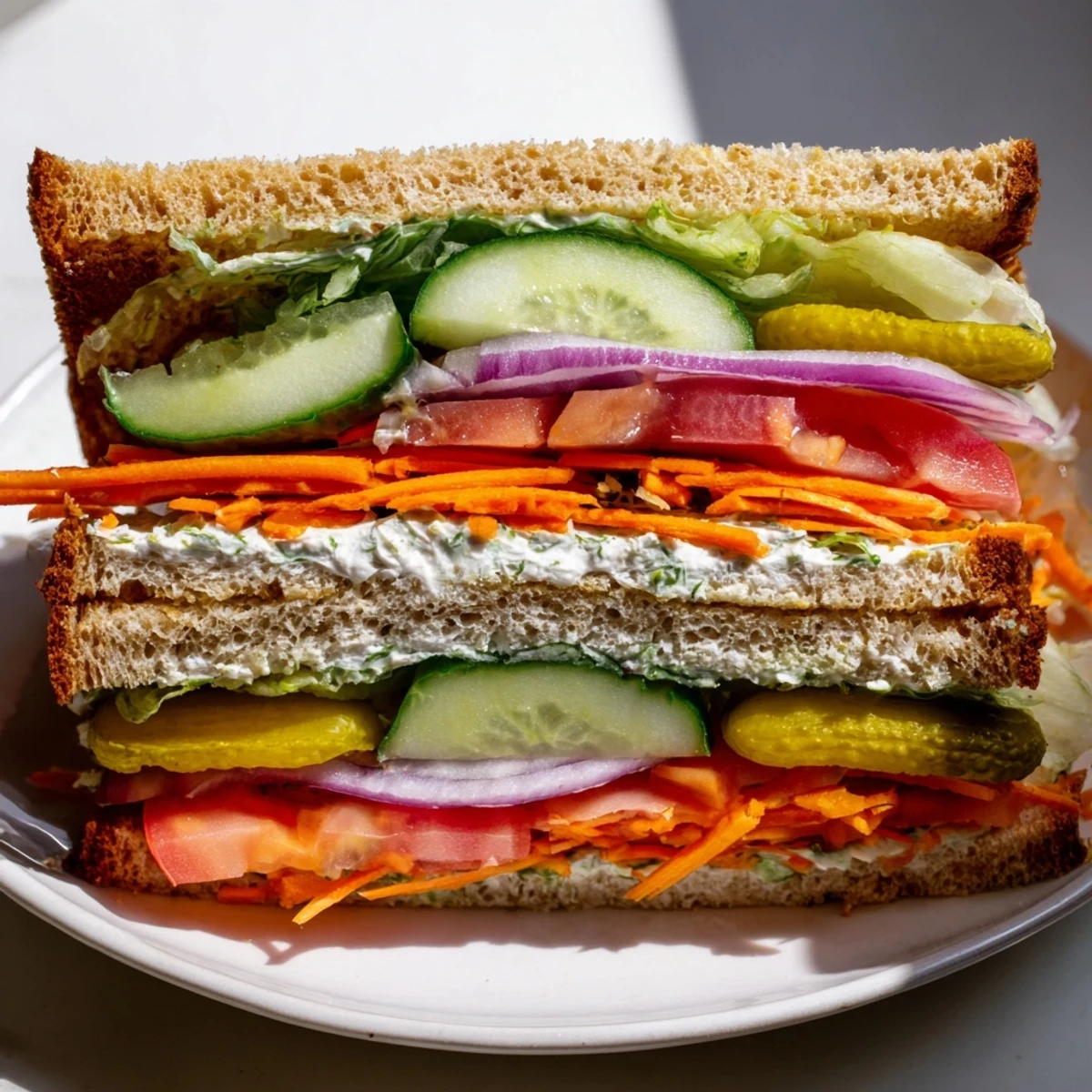 Discover the satisfying crunch of a stacked dill pickle sandwich, perfect for a quick, flavorful lunch.