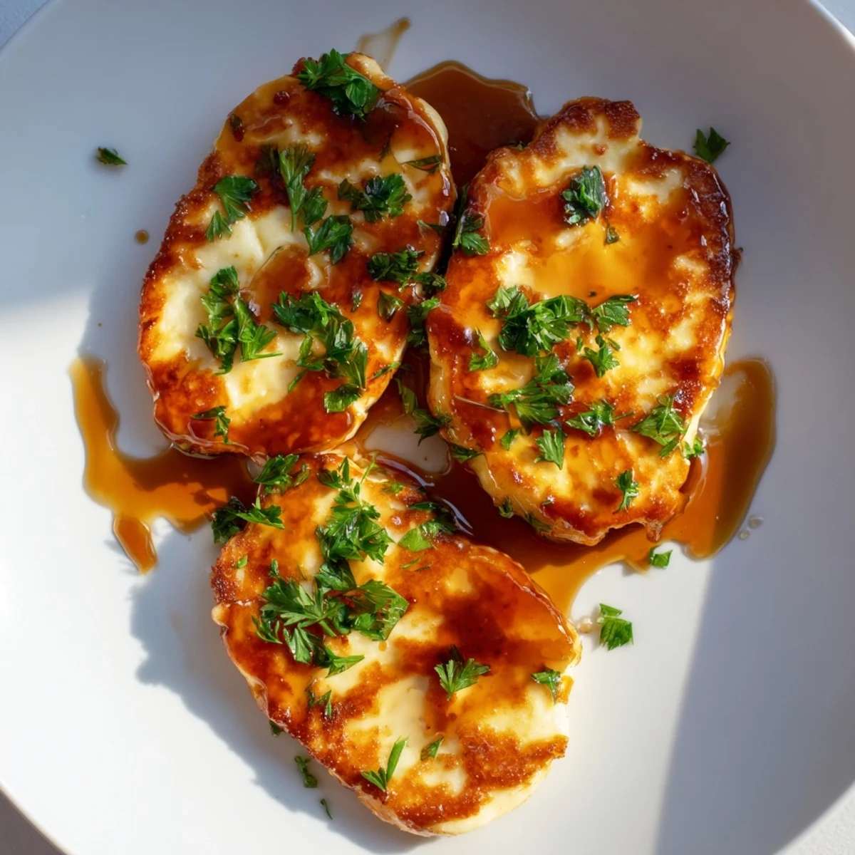 Golden-brown hot honey halloumi, glistening with spicy sauce, a delicious vegetarian appetizer.