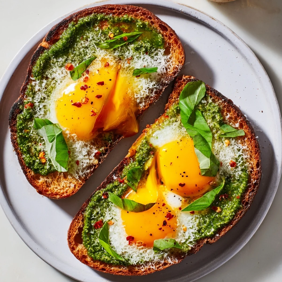 Vibrant pesto egg toast, showcasing perfectly jammy eggs on crispy sourdough with fresh, green pesto.