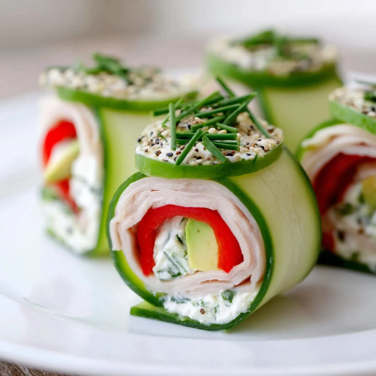 Fresh Cucumber Roll-Ups beautifully arranged with deli meat and creamy cheese, a perfect snack.