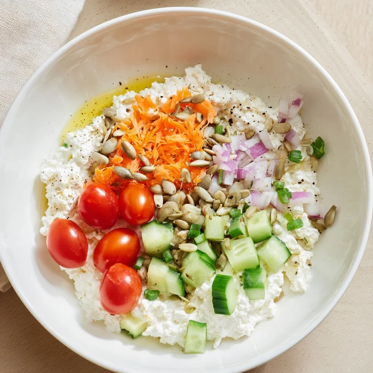 Creamy cottage cheese snack bowl with fresh veggies, olive oil, and crunchy toppings for a quick lunch.