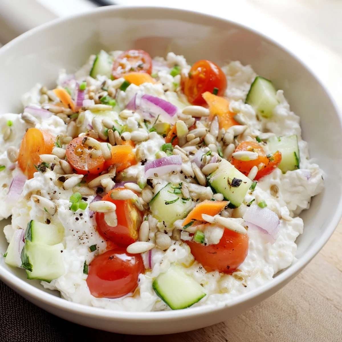 Enjoy this easy, high-protein cottage cheese snack bowl: a refreshing mix of flavors and textures.