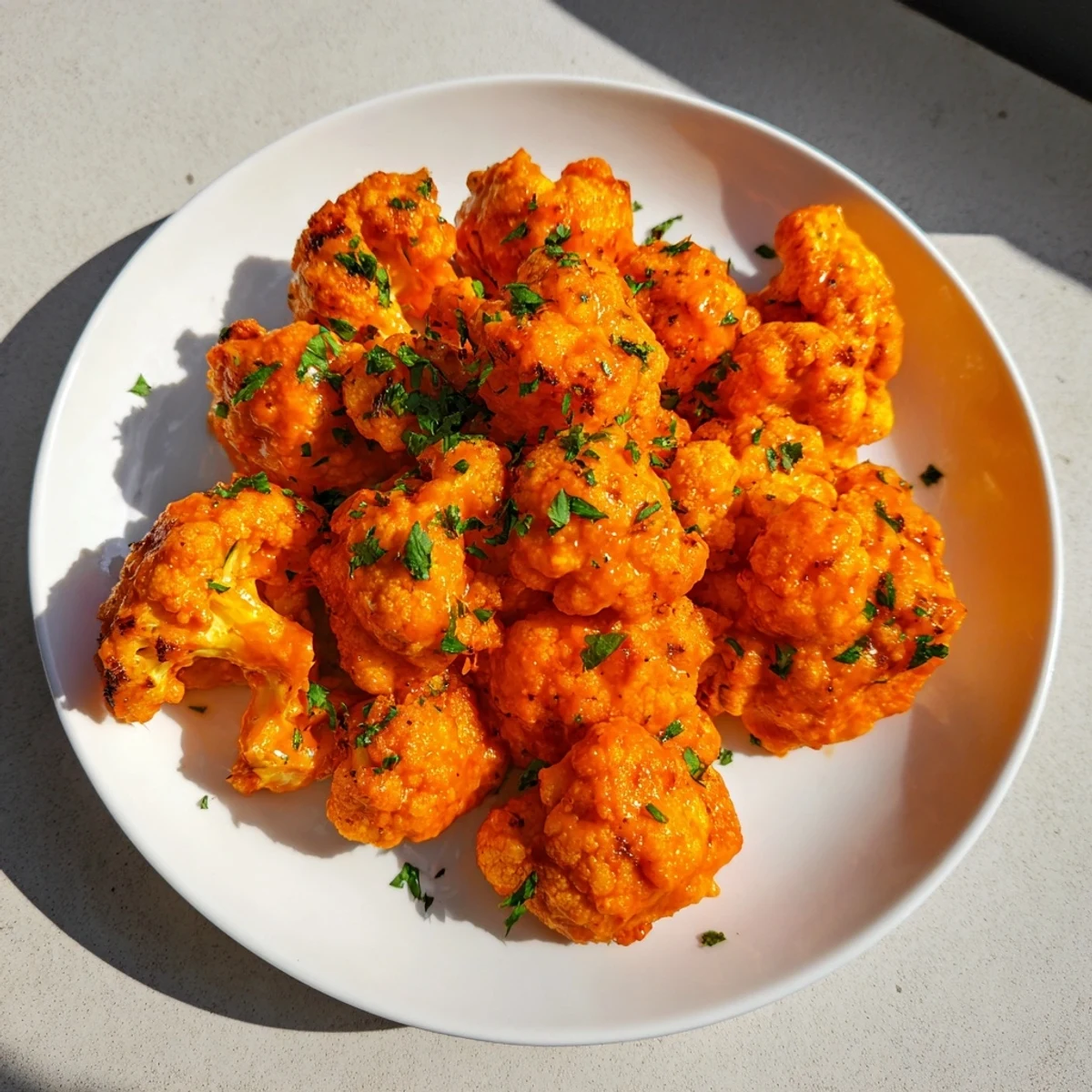 Golden, crispy Buffalo Cauliflower Bites ready to be dipped and enjoyed as a delicious appetizer.