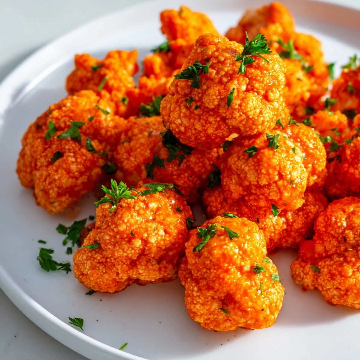 Fiery red Buffalo Cauliflower Bites, freshly baked and glistening with a spicy, savory sauce, vegan-friendly.