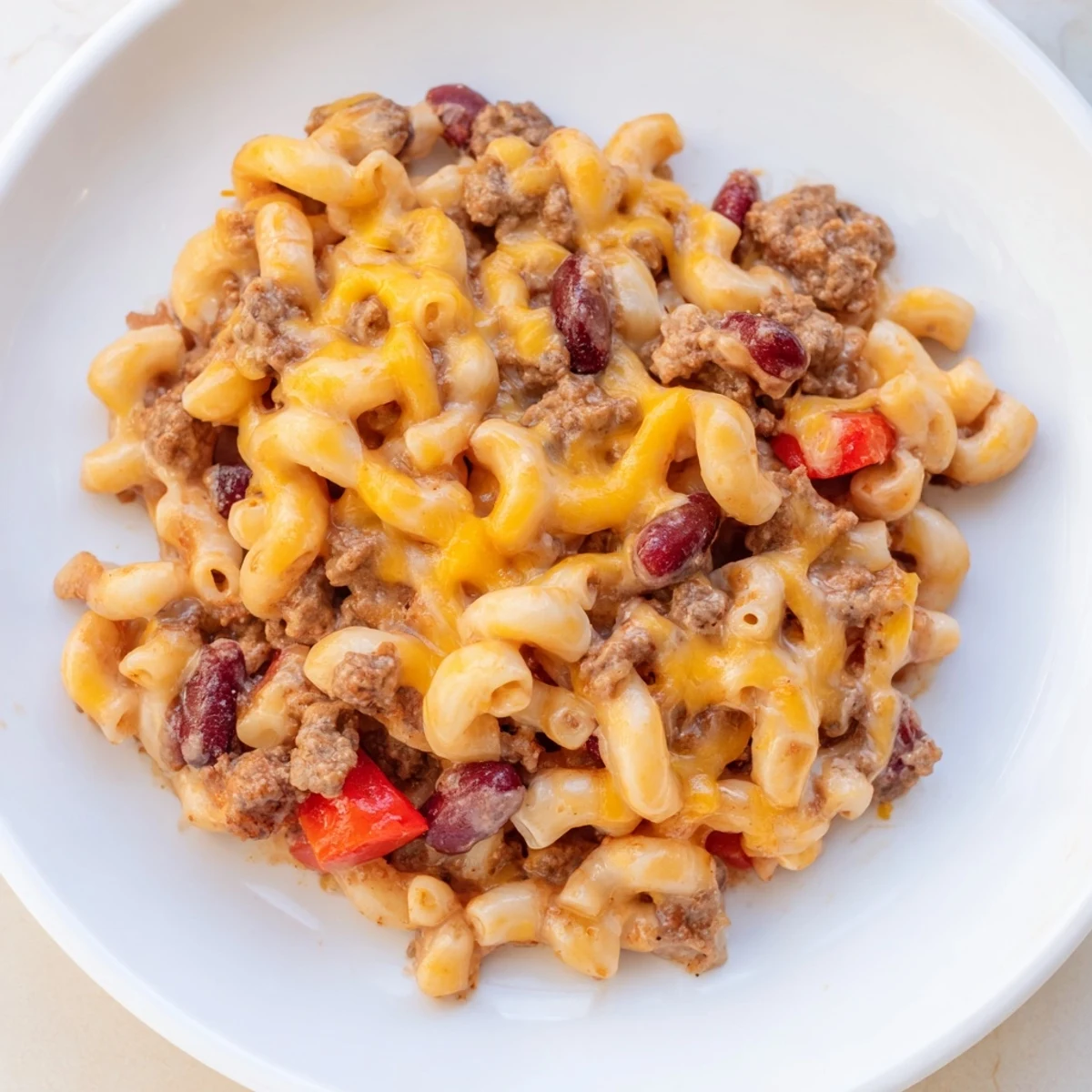 Hearty one-pot chili mac: a close-up shows tender macaroni with flavorful ground beef and savory spices.