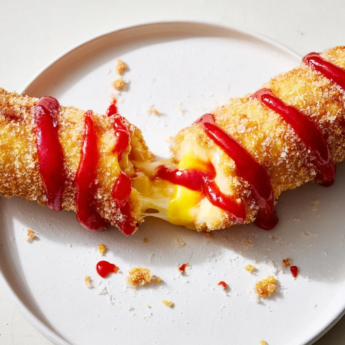 A golden-brown Korean corn dog, crispy and coated with breadcrumbs, waiting to be enjoyed.