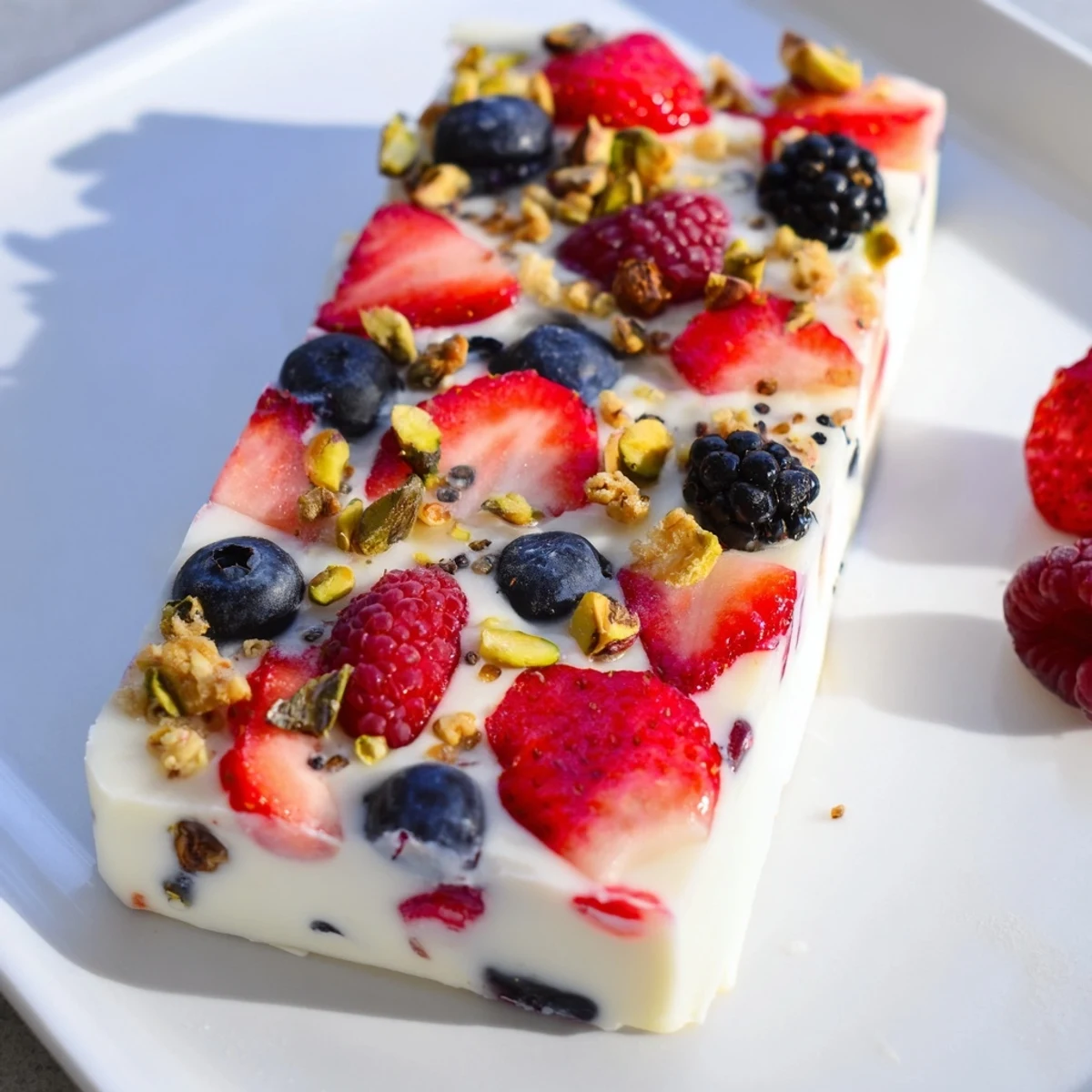 Vibrant frozen fruit yogurt bark with colorful berries and crunchy granola, a delightful frozen treat.