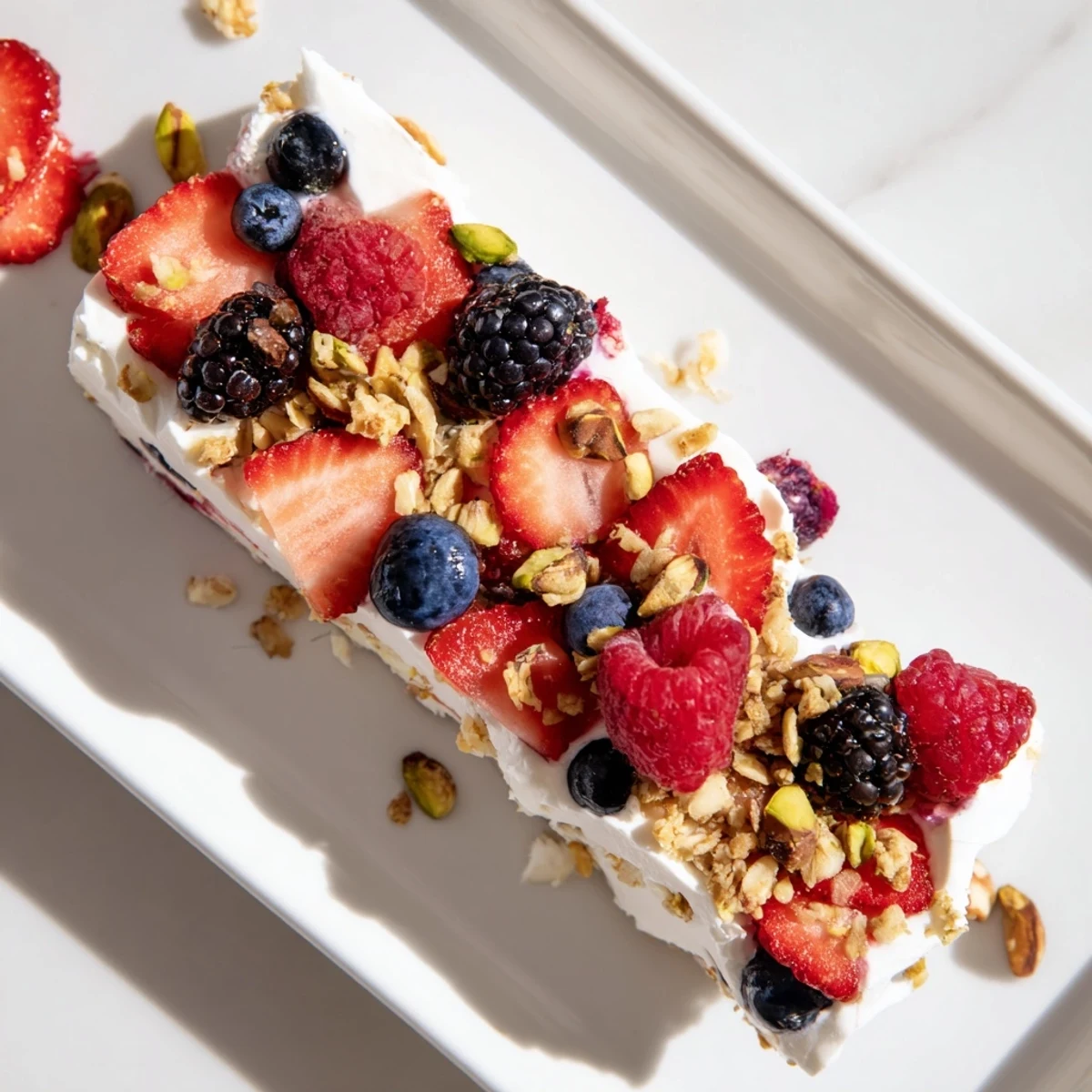 Homemade frozen fruit yogurt bark, showing a close-up of mixed berries and yogurt, perfect dessert.