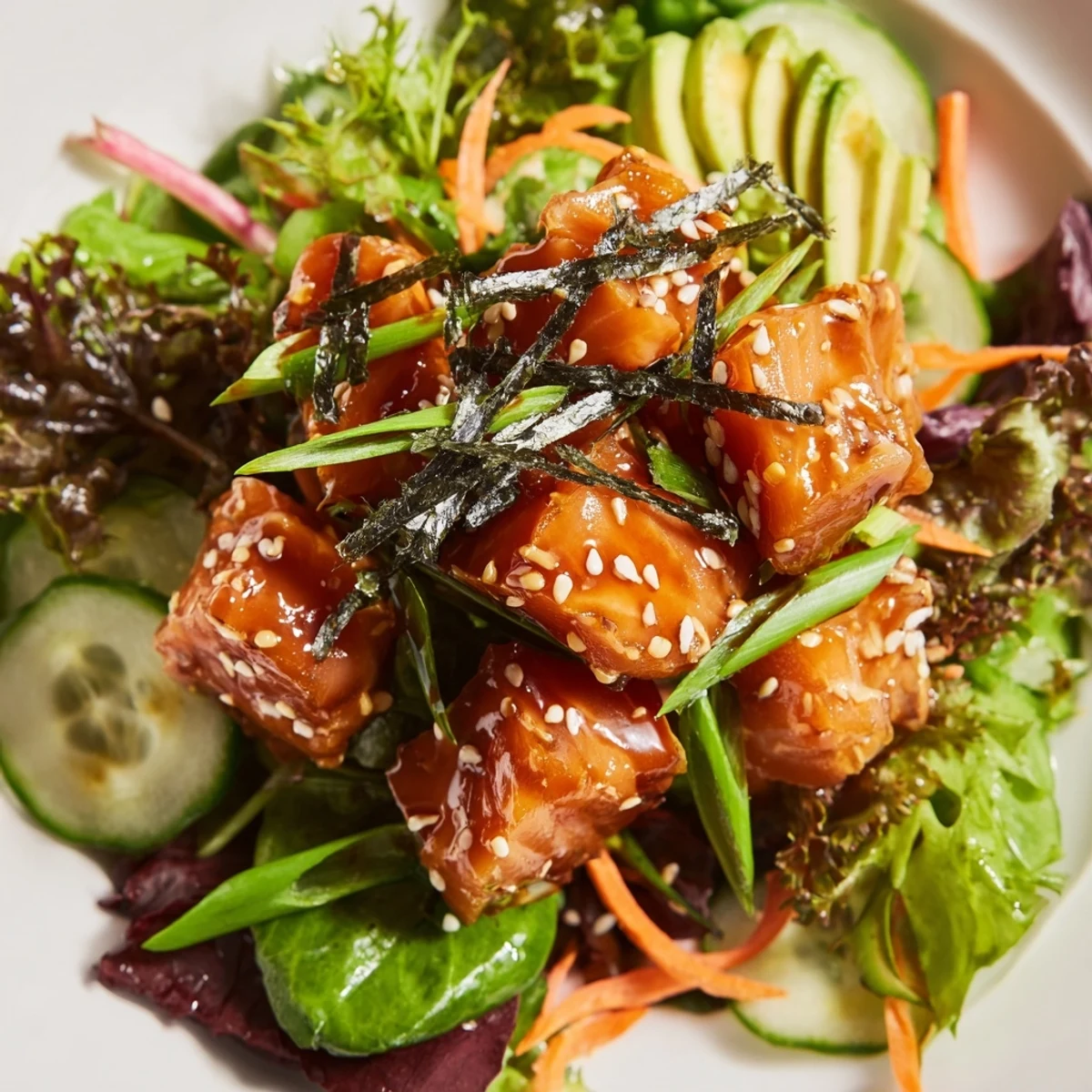 Enjoy a beautifully plated poke bowl salad with colorful toppings and savory marinated salmon.