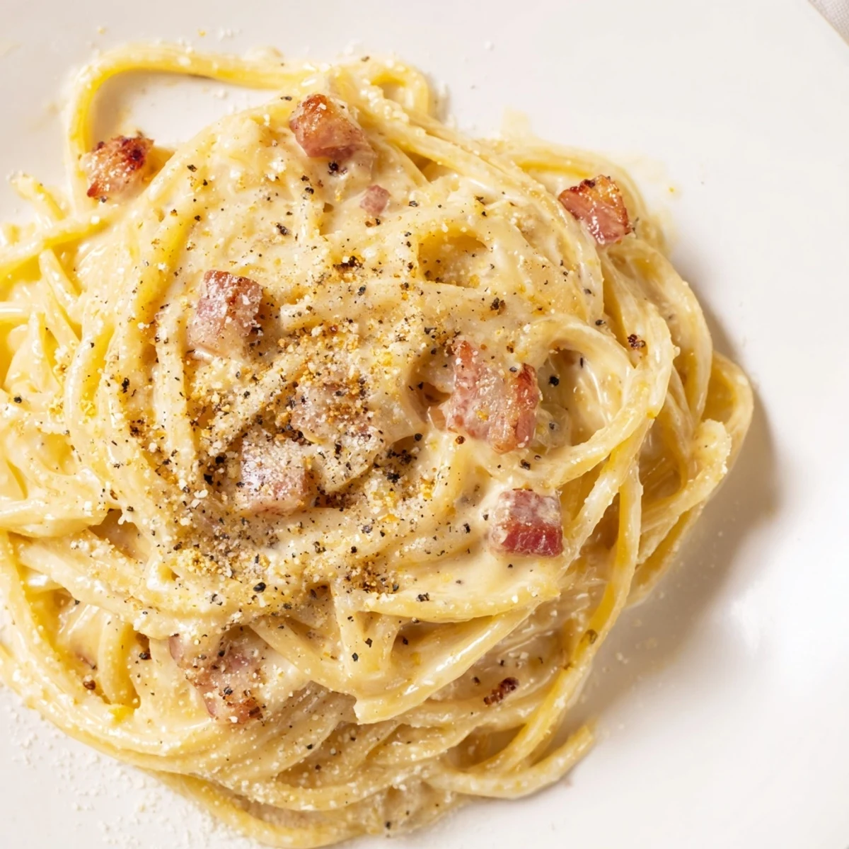 Golden, crispy bacon bits topping a steaming bowl of Express Spaghetti Carbonara, ready to eat.