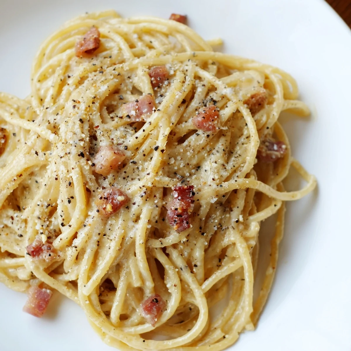 Close-up of freshly made Express Spaghetti Carbonara, with grated Parmesan and cracked pepper garnish.