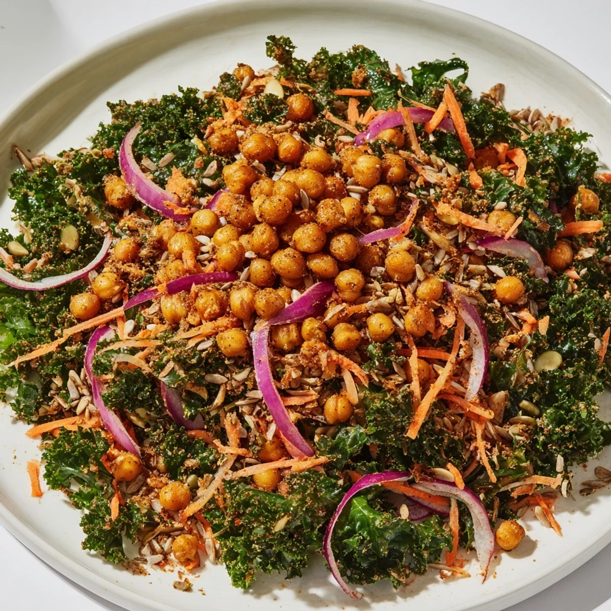 Fluffy kale salad with roasted chickpeas, featuring vibrant greens and golden, spiced chickpeas ready to enjoy.
