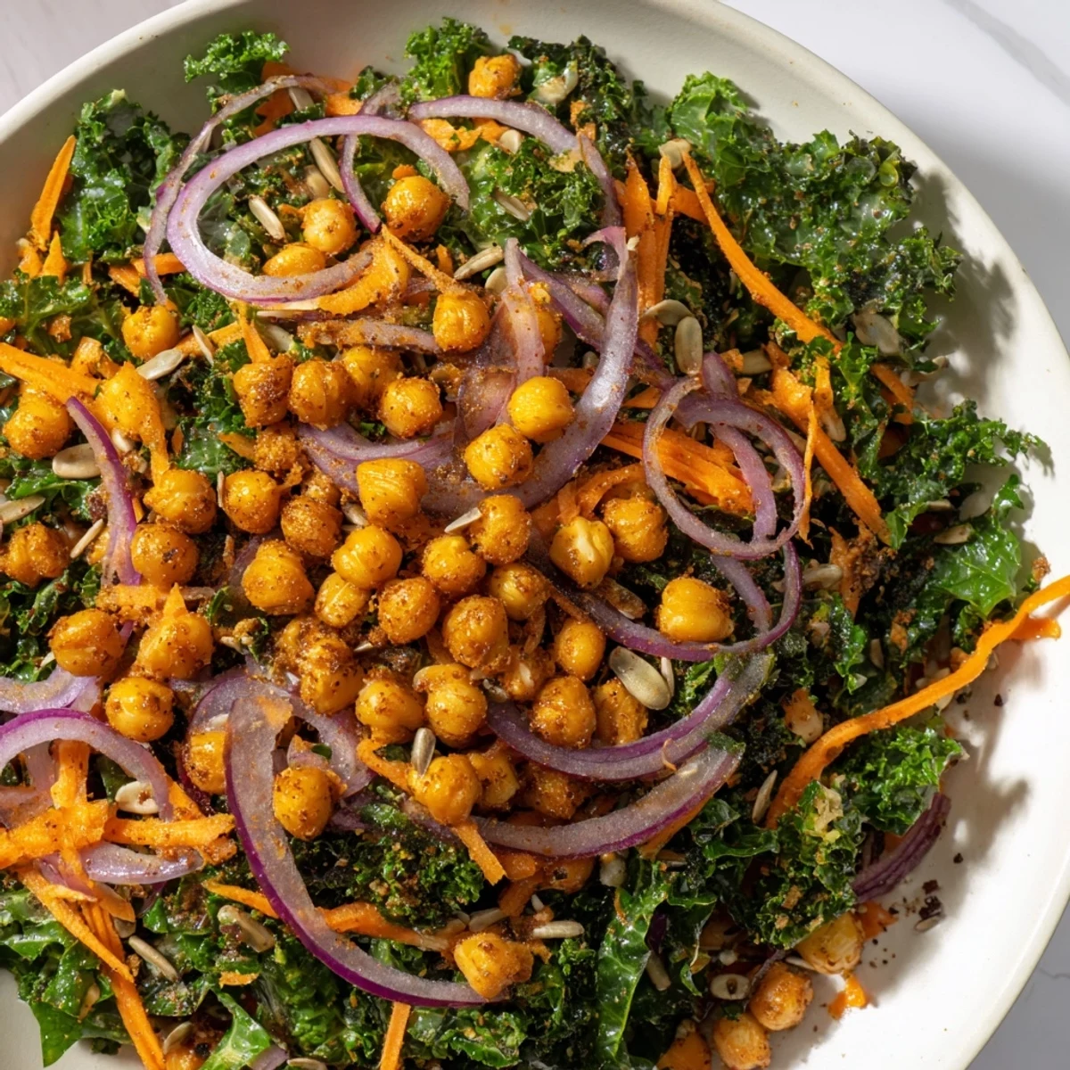 Crispy roasted chickpeas topping a colorful kale salad, seasoned with flavorful spices, for a healthy and satisfying lunch.
