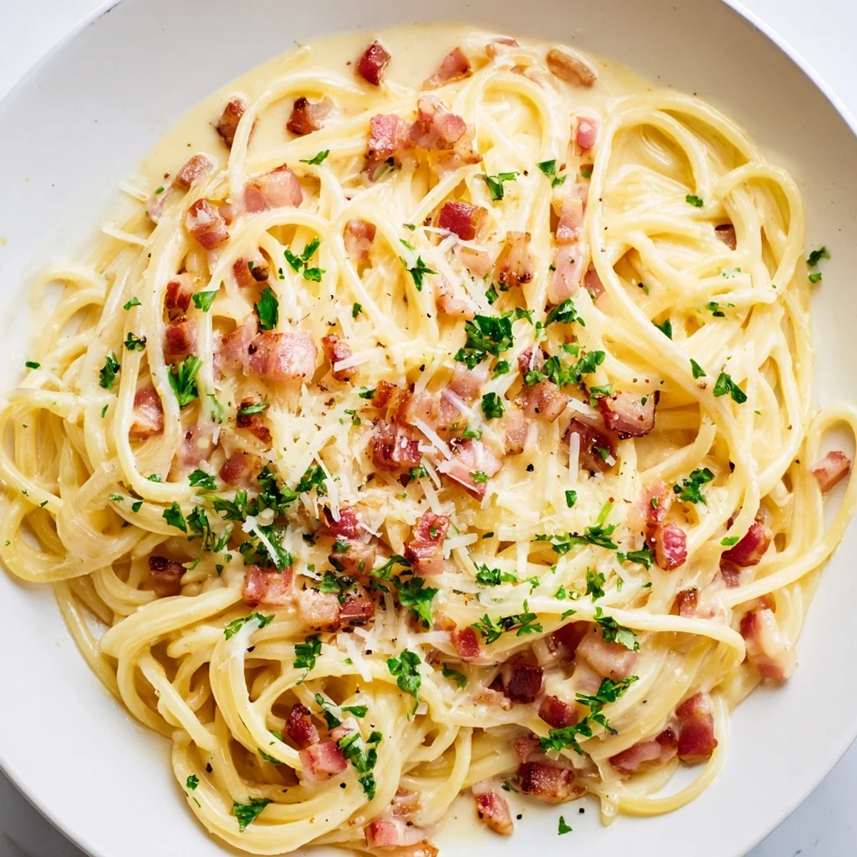 A creamy garlic bacon pasta dish with crispy bacon and a rich, decadent sauce.
