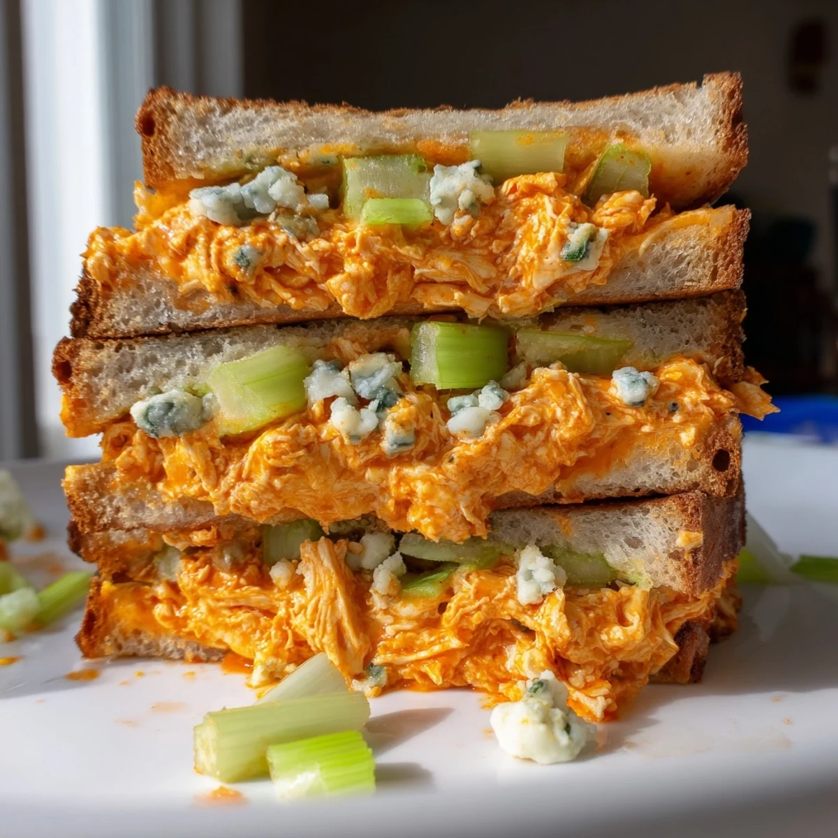 Golden-brown Buffalo Chicken Grilled Cheese oozes with melted cheese, spicy chicken, and creamy flavors.