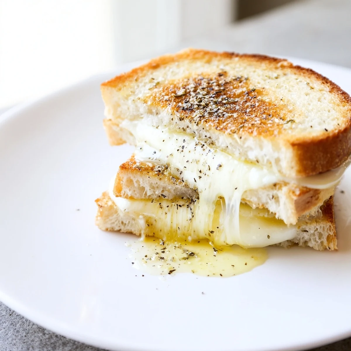Golden-brown truffle oil grilled cheese with melted cheddar, enticing aroma, comfort food at its finest.