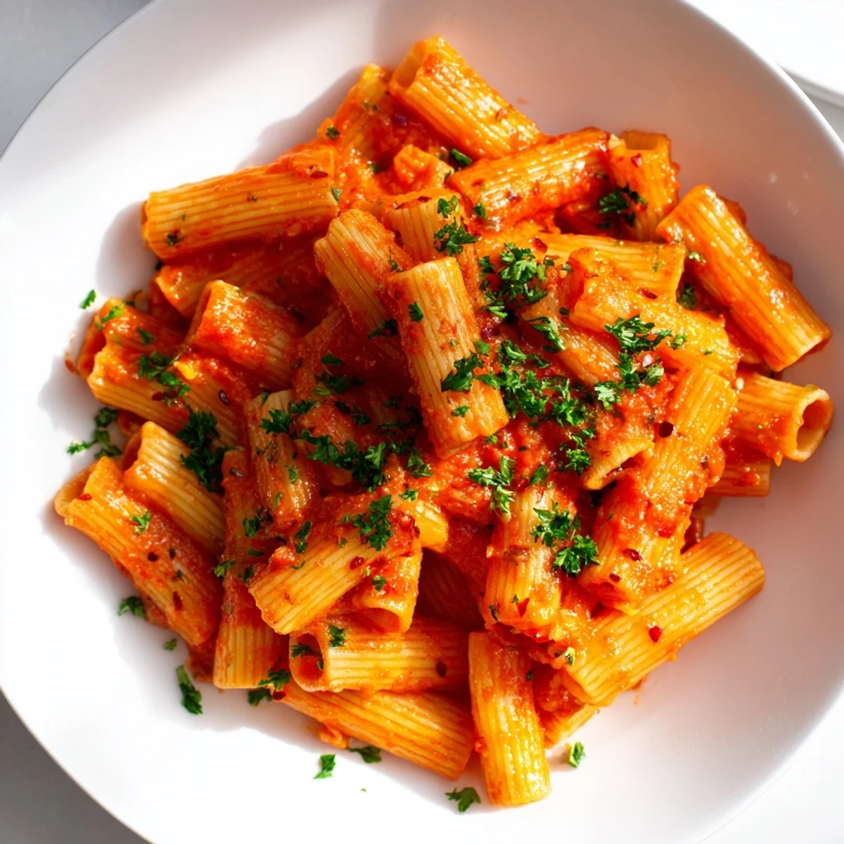 A close-up of delicious Penne all'Arrabbiata: pasta coated in a spicy, rich tomato sauce with fresh herbs.