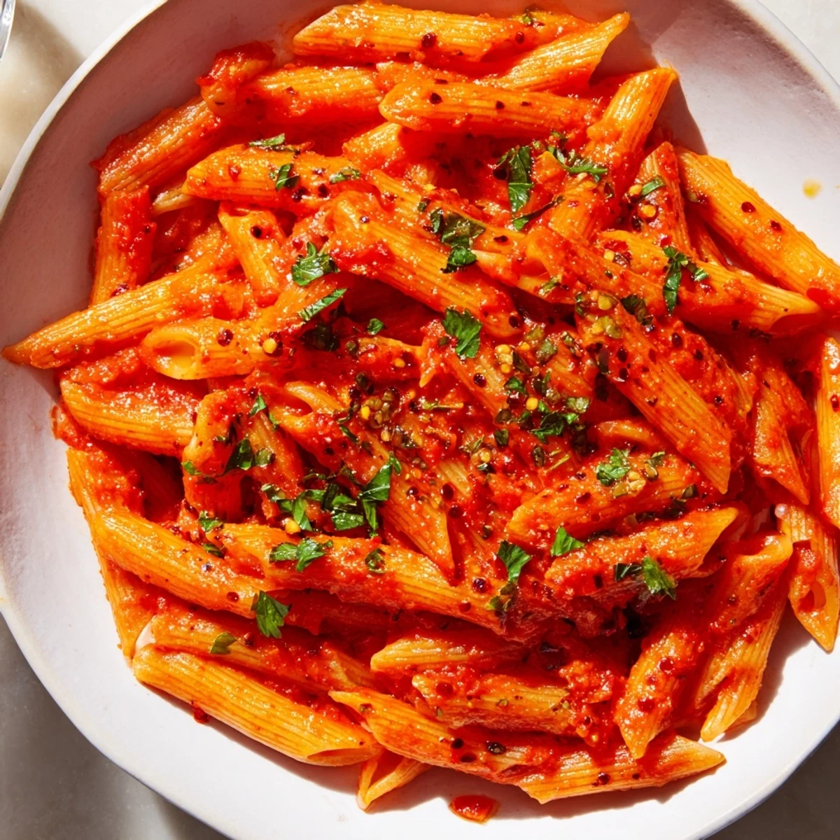 This plate of freshly made Penne all'Arrabbiata features a simple yet flavorful fiery tomato sauce.