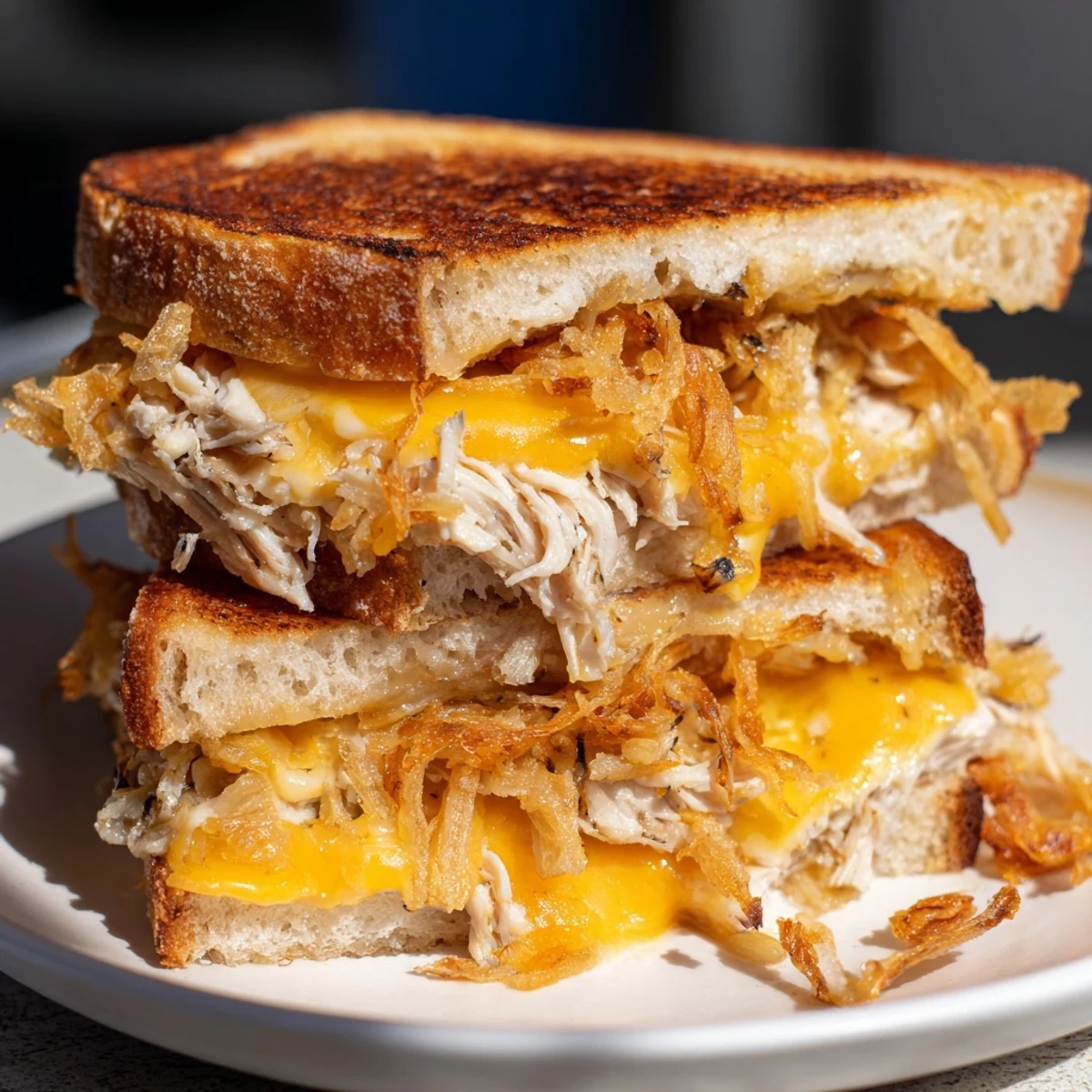This Crispy Shallot Chicken Grilled Cheese reveals a perfectly grilled exterior, filled with chicken and shallots.