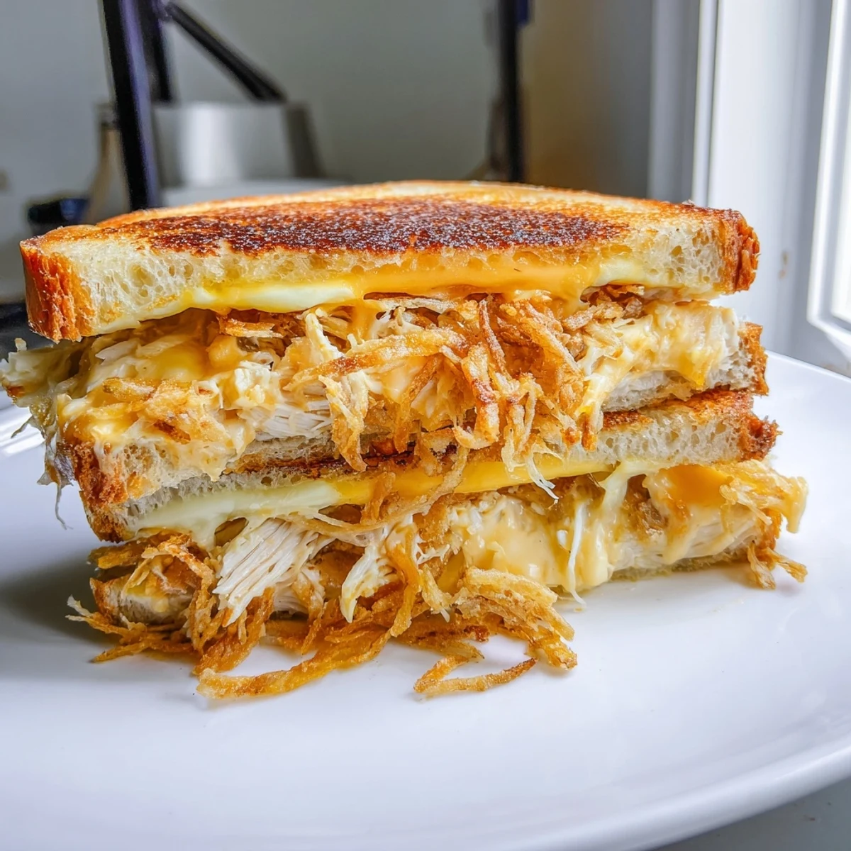 Golden-brown Crispy Shallot Chicken Grilled Cheese with melted cheese oozing invitingly.