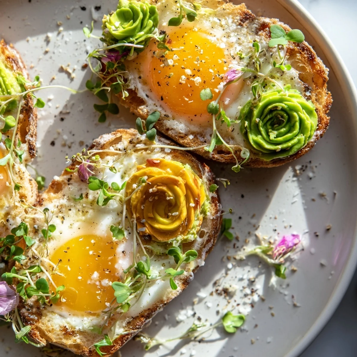 Fluffy Cloud Toast 2.0 with golden egg whites, avocado roses, and drizzled honey, ready to eat.