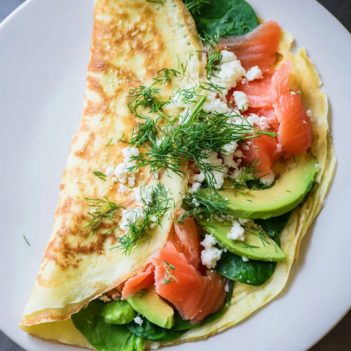 A golden-brown Blender Egg Crepe Wrap, filled with savory salmon and creamy avocado.