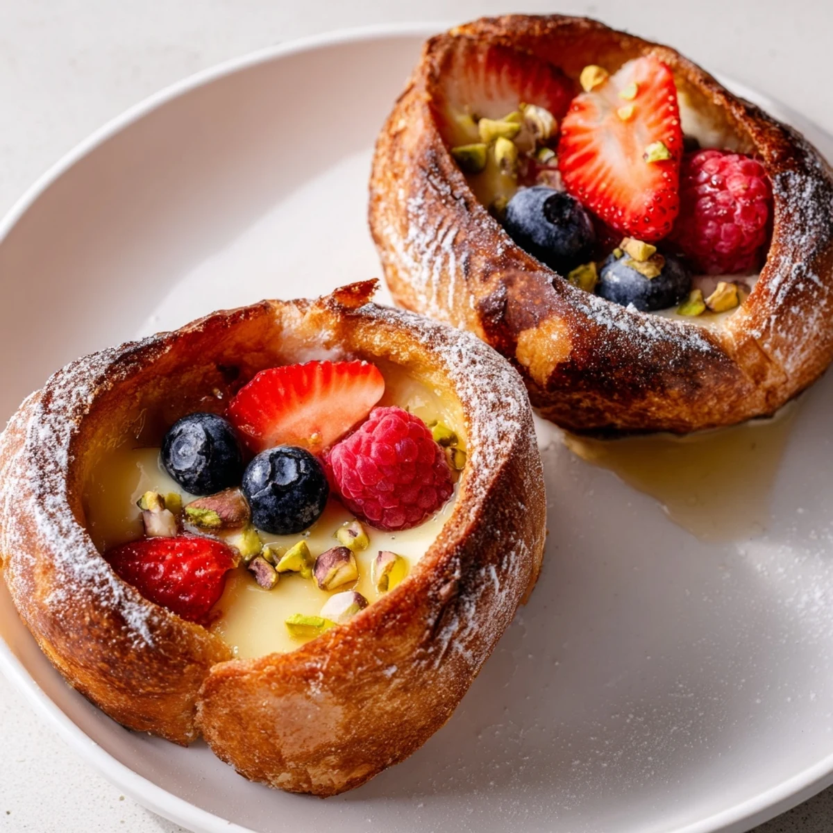 Golden Custard Toast, baked to a delicious crisp, topped with fresh berries, is ready to eat.