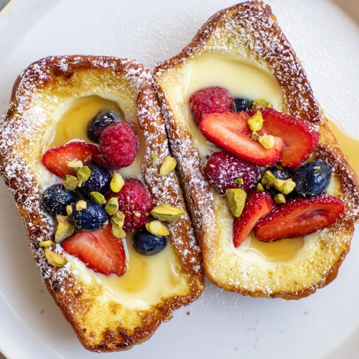 Freshly baked Custard Toast, showcasing a golden crust and juicy berries, is the ideal brunch dish.