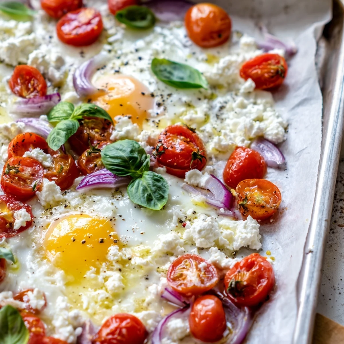 Tomato Feta Baked Eggs sizzling with roasted tomatoes, creamy feta, and fresh basil, ready to eat.