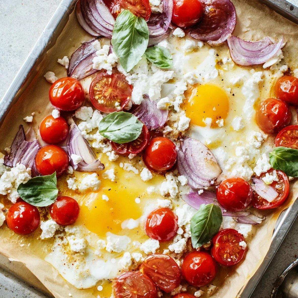 Golden-yolked Tomato Feta Baked Eggs alongside juicy tomatoes, a simple, delicious breakfast.