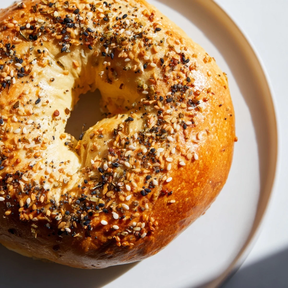 Homemade everything bagel yogurt bagels, soft on the inside, enticingly sprinkled with seasoning, perfect for enjoying.