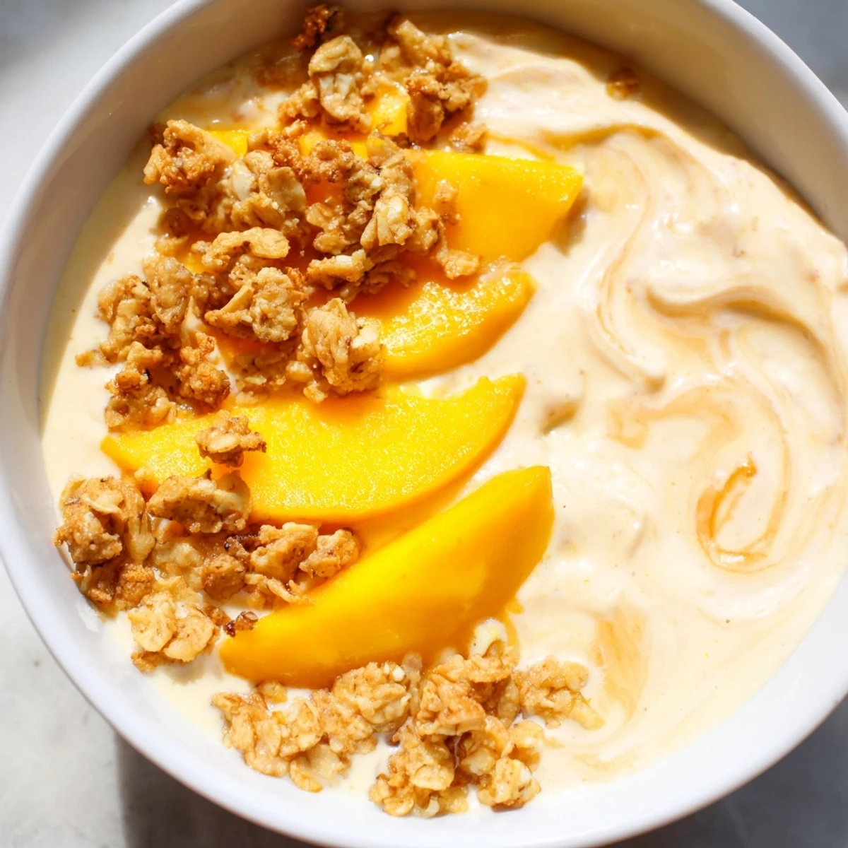 Vibrant photo of creamy mango blended overnight oats, topped with golden granola for breakfast.