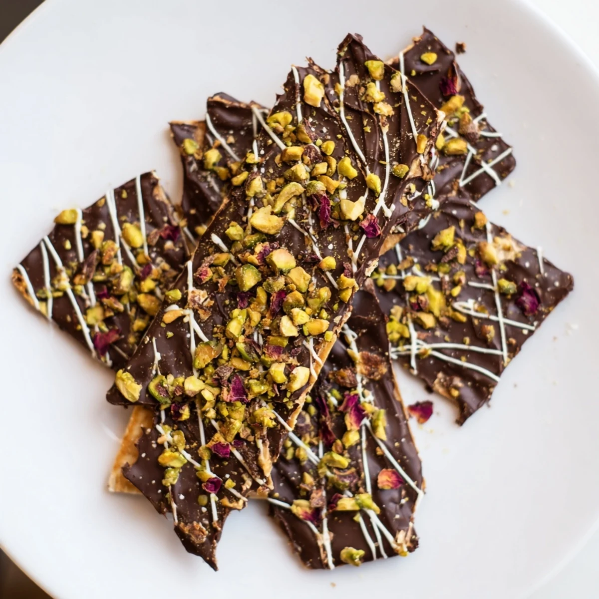 A close-up of Pistachio Dubai Chocolate Bark, showing layers of rich chocolate and pistachios.