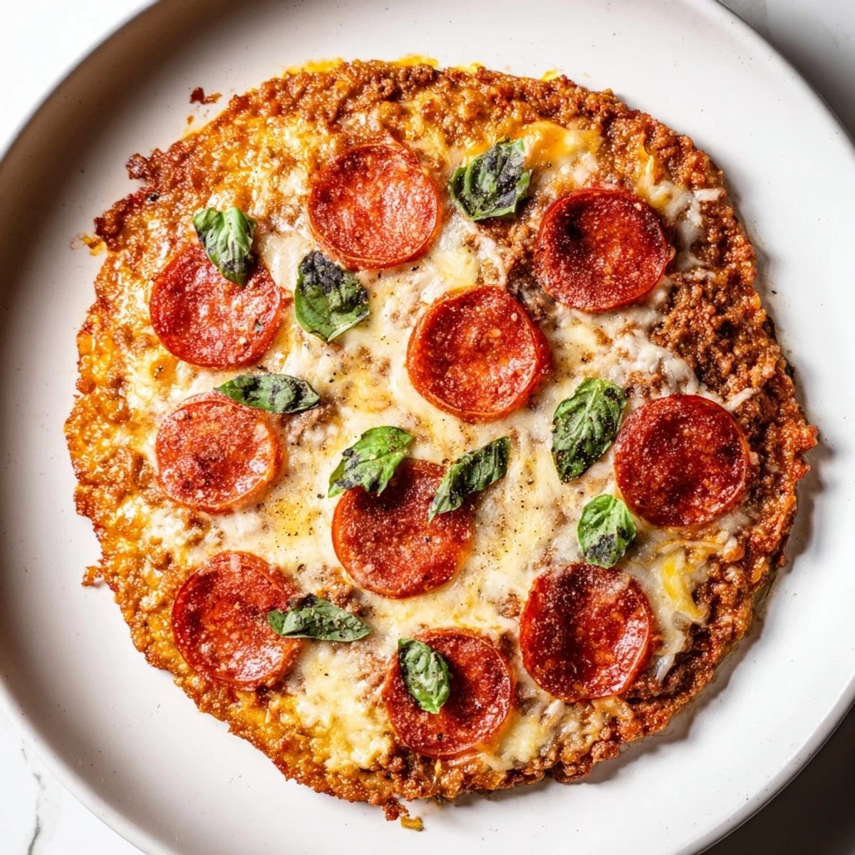 Golden, crispy ground beef pizza base topped with melted mozzarella and sizzling pepperoni.