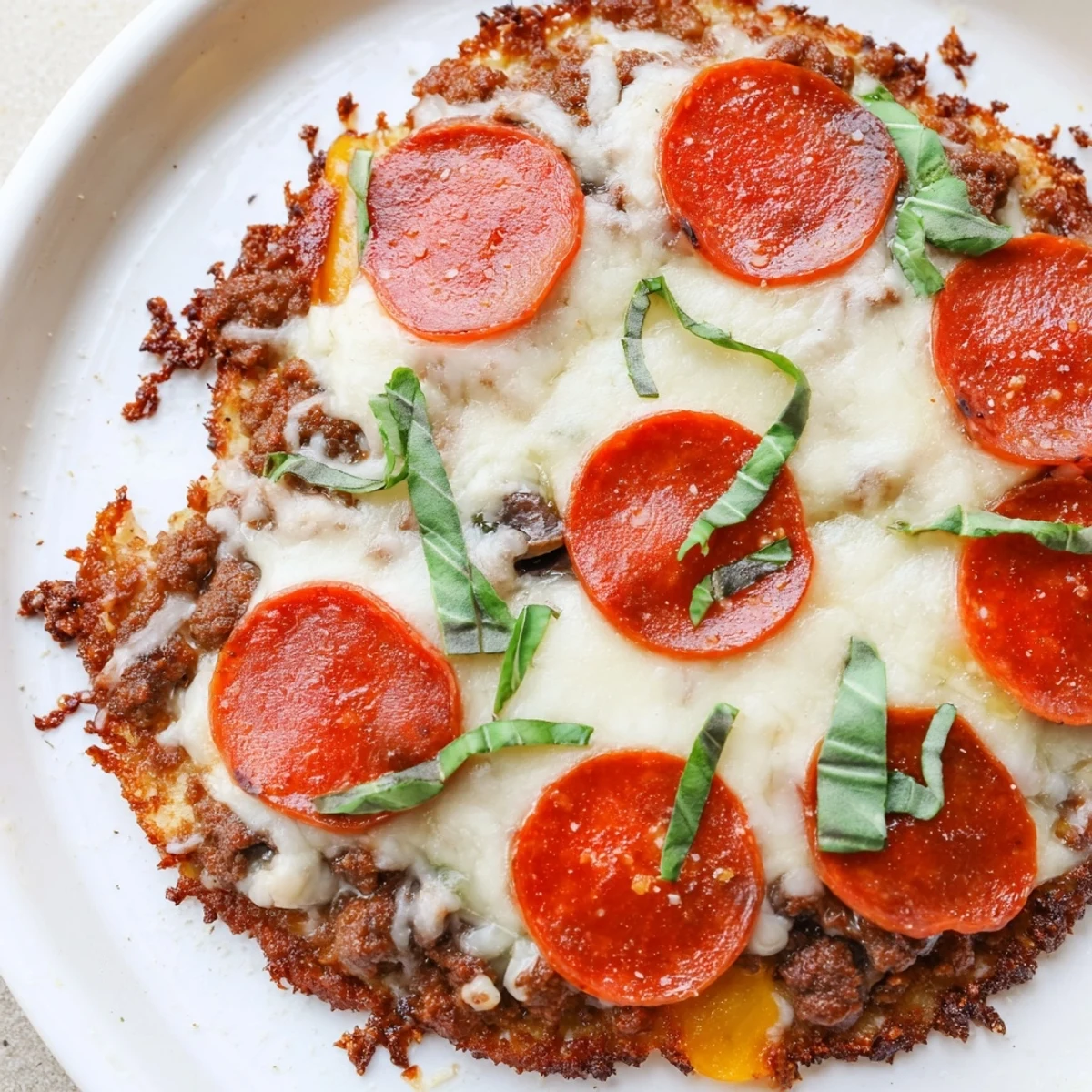 Homemade ground beef pizza base showcasing vibrant sauce, cheese and perfectly browned pepperoni slices.