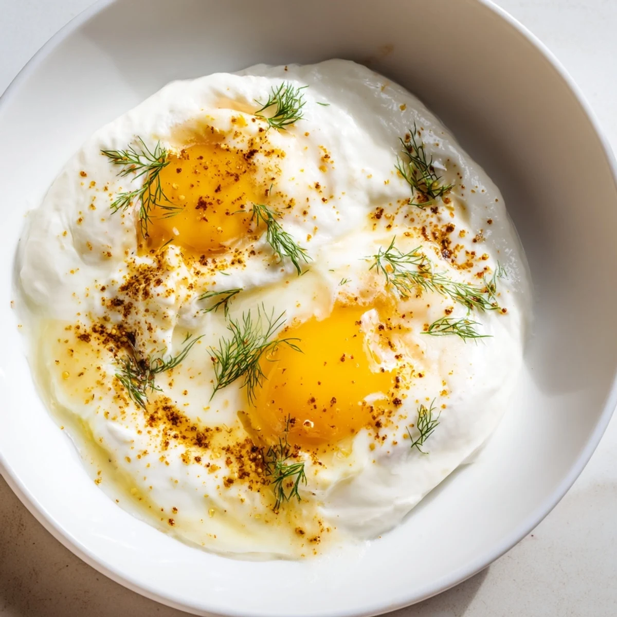 Cilbir with perfectly poached eggs and golden spiced butter, a delicious Turkish breakfast.