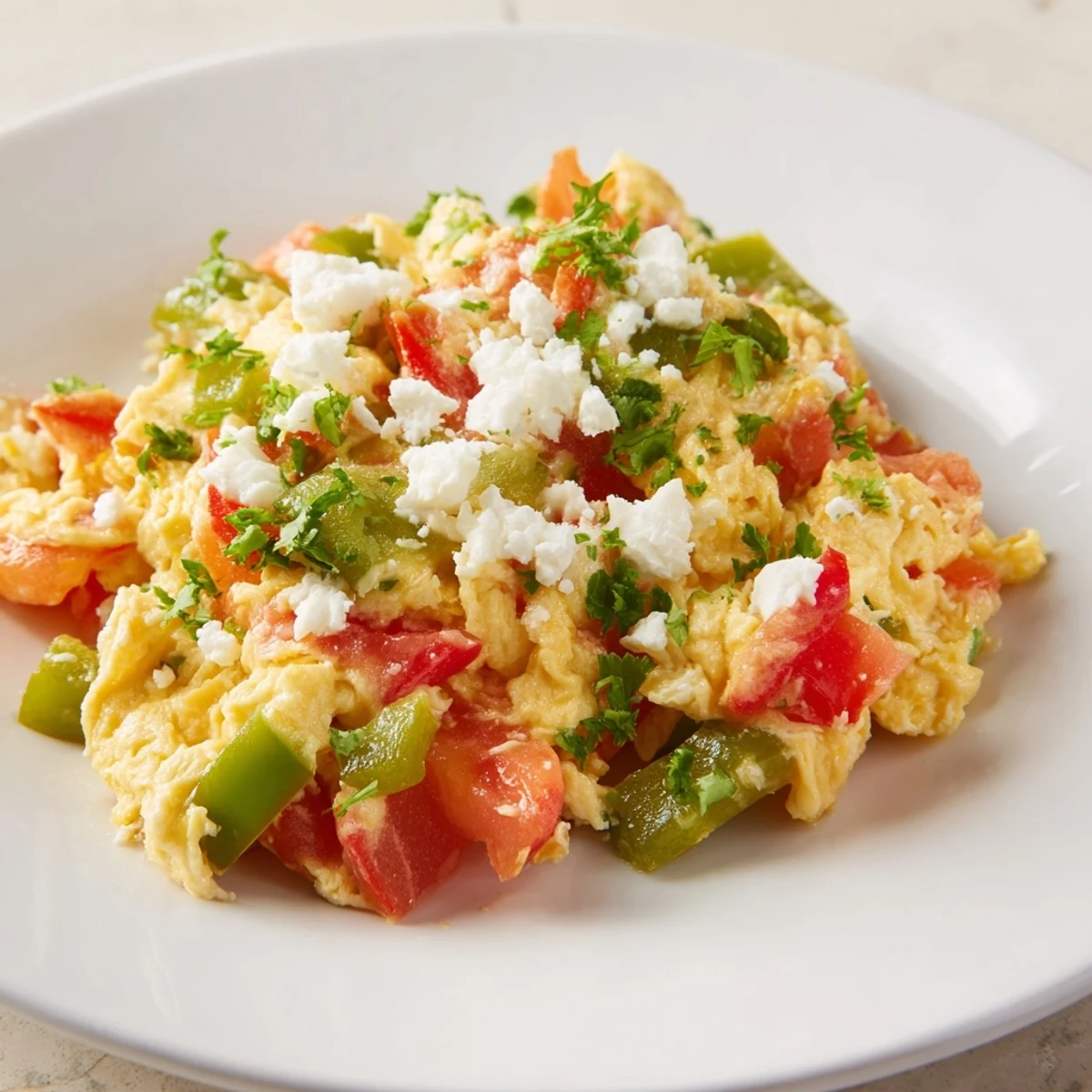 Golden-y Turkish menemen scramble, a flavorful breakfast of tomatoes, peppers, and fluffy eggs served warm.