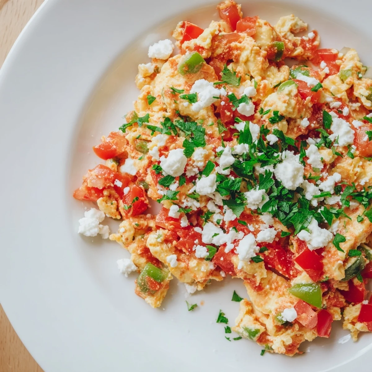 Enjoy a delicious bowl of Turkish menemen with crusty bread, a savory, veggie-packed scramble.