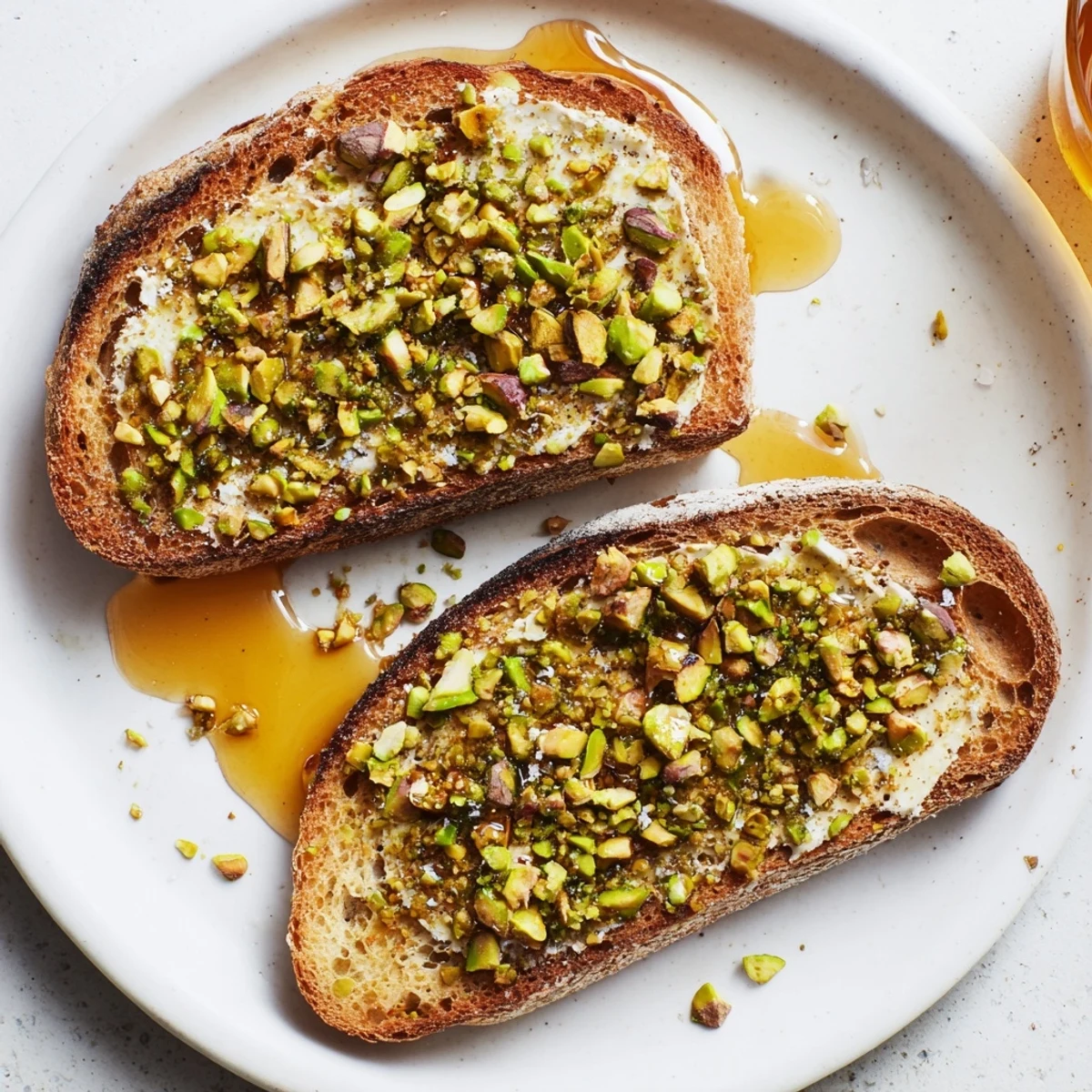 Warm, golden Pistachio Butter Toast topped with glistening honey and crunchy, chopped pistachios.
