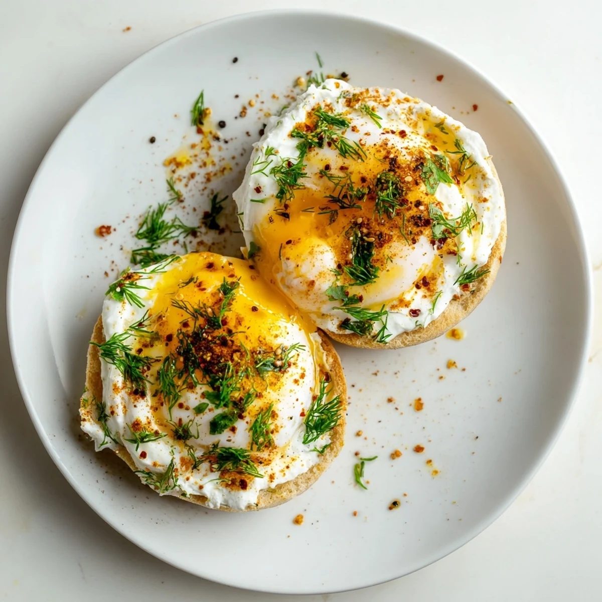 Çılbır Eggs Benedict brunch: creamy yogurt base topped with perfectly poached eggs and spiced butter drizzle.