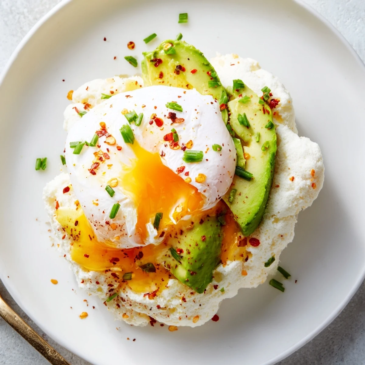 Stacked Cloud Bread Breakfast Clouds topped with sliced avocado and a runny poached egg.