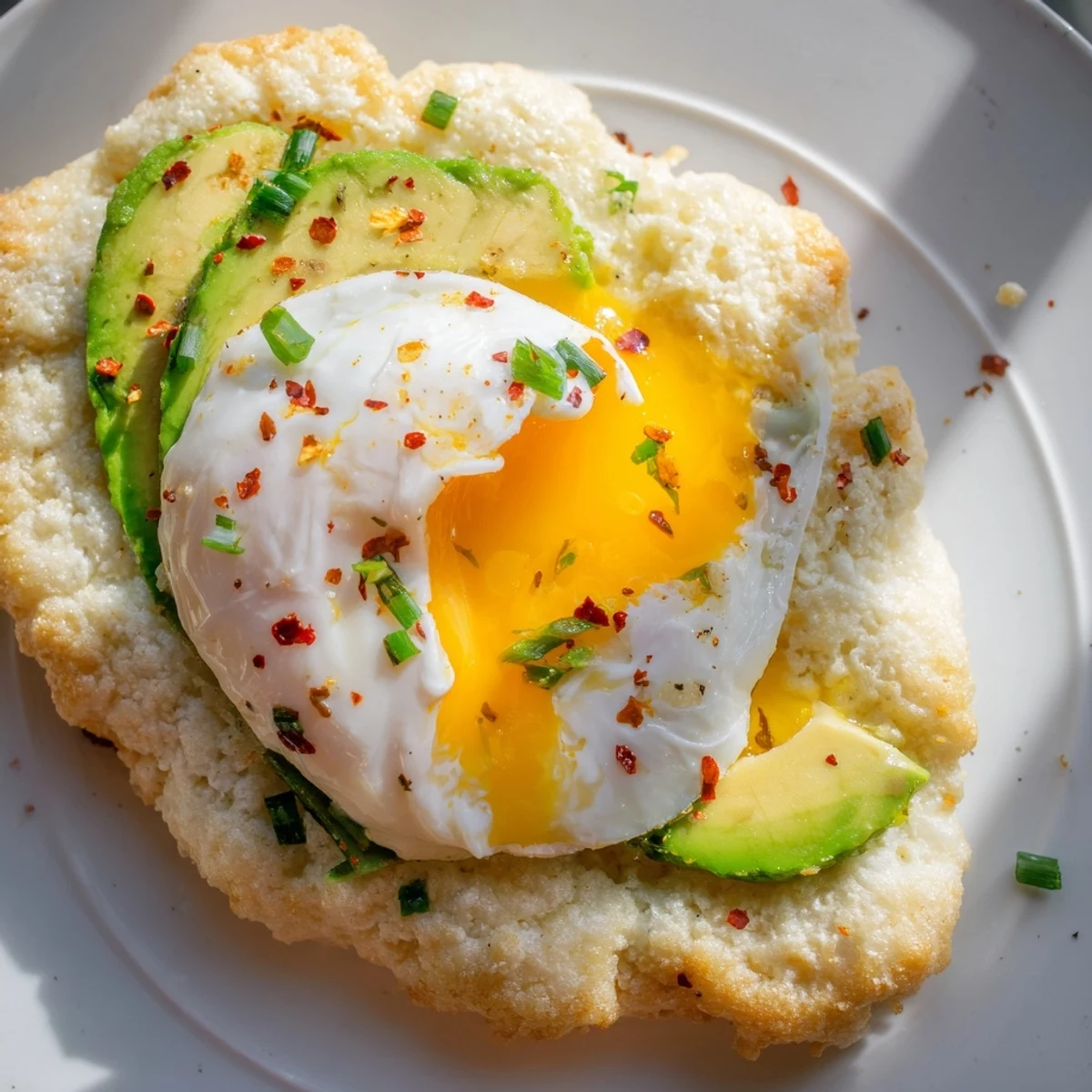 Fluffy Cloud Bread Breakfast Clouds with creamy avocado slices and a poached egg on top.