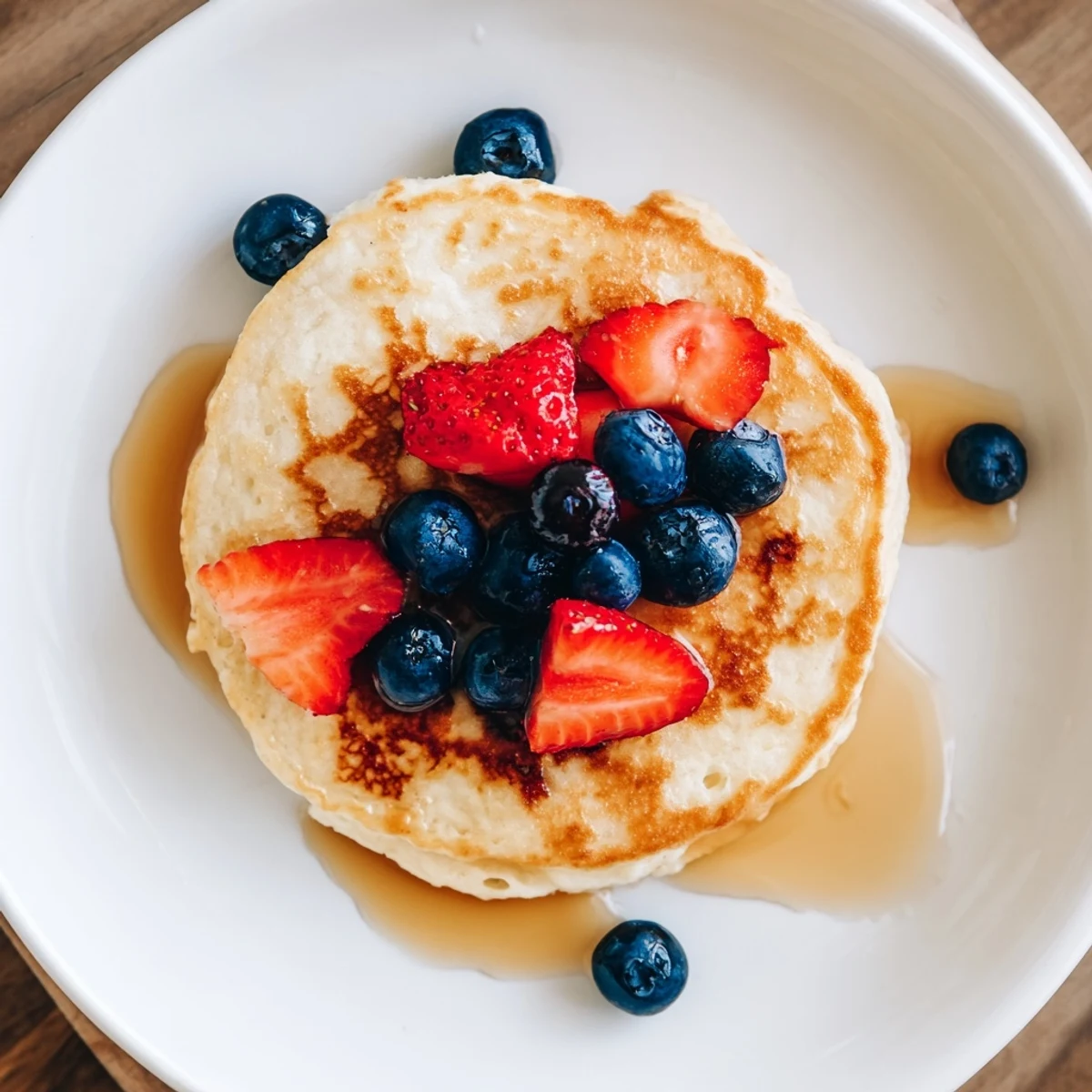Golden-brown Cottage Cheese Pancakes stacked high on a white plate, served with fresh blueberries and a drizzle of warm maple syrup.