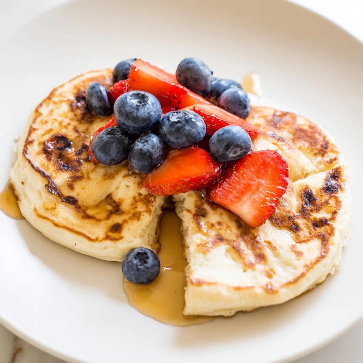 A close-up view of a Cottage Cheese Pancake bite revealing the moist, cake-like interior topped with a dollop of Greek yogurt.