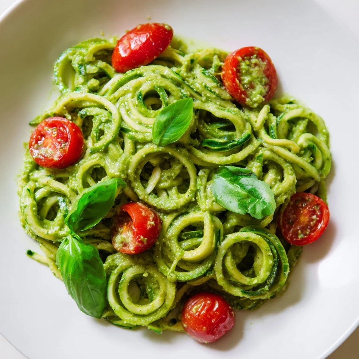 Creamy avocado pesto coats tender spiralized zucchini noodles, topped with juicy halved cherry tomatoes for a vibrant, fresh flavor.