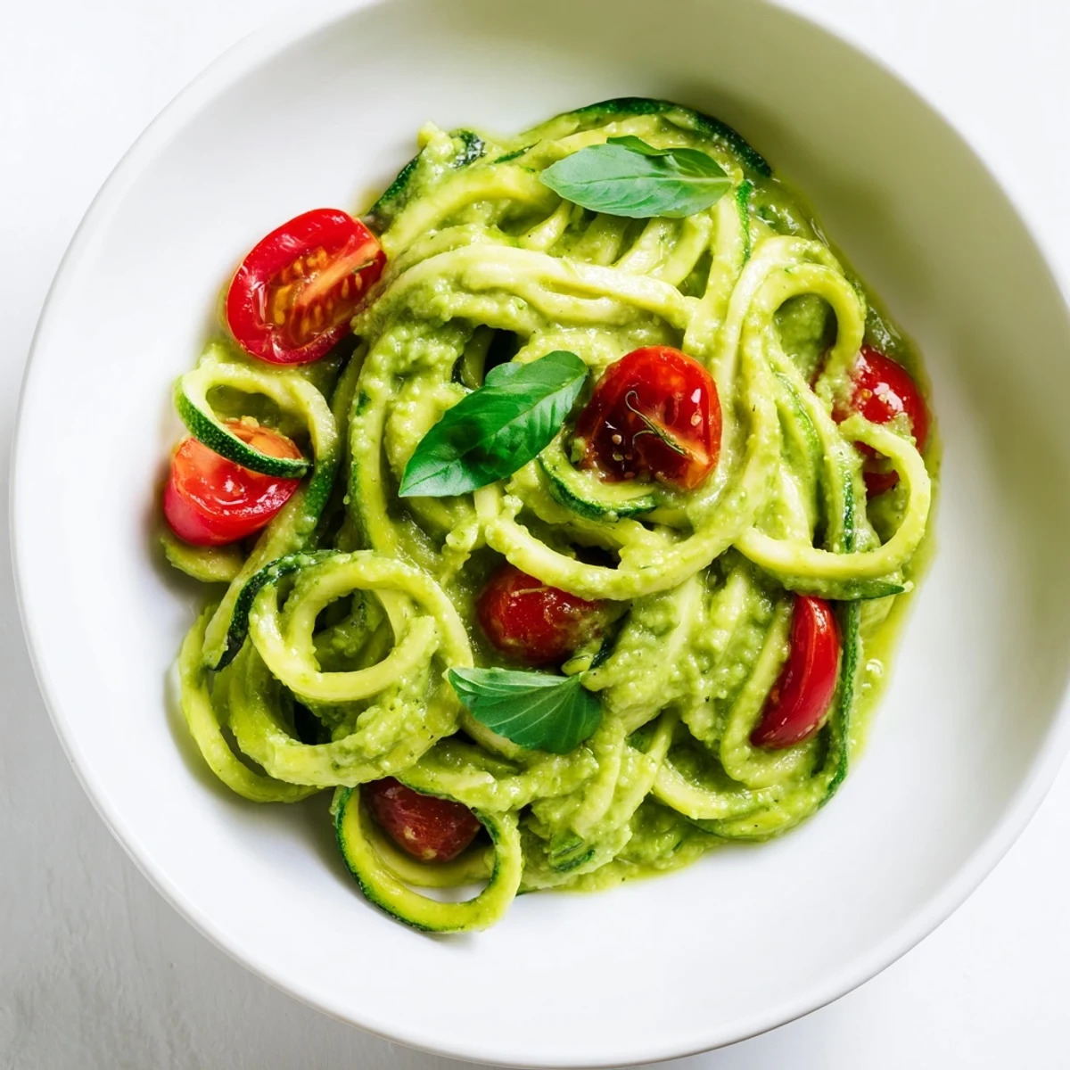 Tossed warm zoodles glisten with emerald pesto, garnished with basil leaves and black pepper for an easy Italian-inspired vegetarian meal.