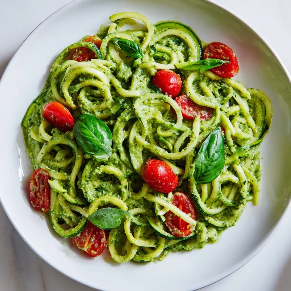 A bowl of low-carb avocado pesto zoodles features sautéed zucchini, creamy sauce, and sweet tomatoes for a nourishing dinner.