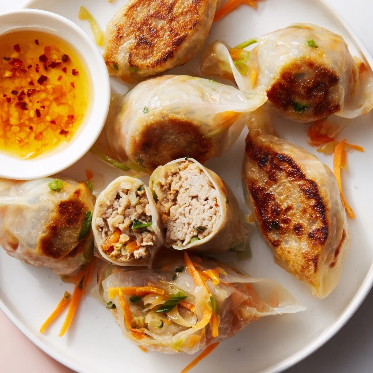 Golden-brown Crispy Rice Paper Dumplings pan-fried to perfection, filled with savory vegetables and served with a tangy dipping sauce.